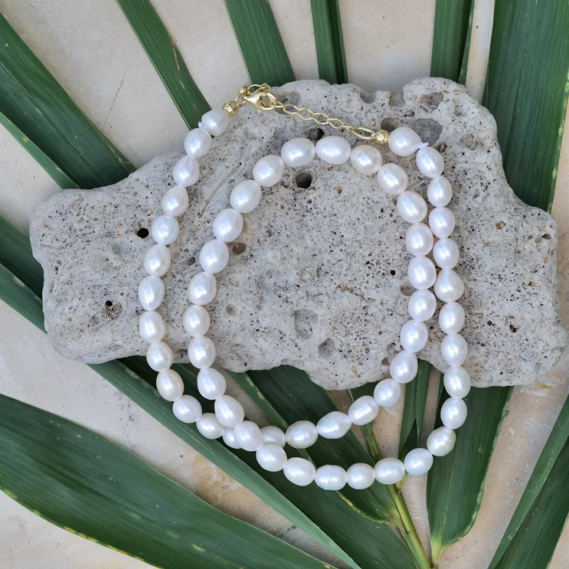 Perlový NÁHRDELNÍK - WHITE BUBBLE MIST - Barva zapínání: Stříbrná