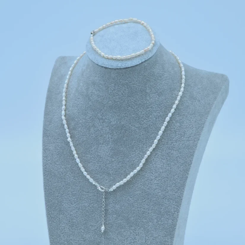 Perlový set náramku 15cm a náhrdleníku - WHITE SILVER SIMPLY