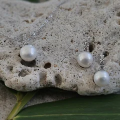 Stříbrný ŘETÍZEK a NÁUŠNICE s bílou perlou a zirkony