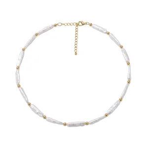 Set náramku 15cm a náhrdelníku - WHITE NEEDLE KESHI GOLD